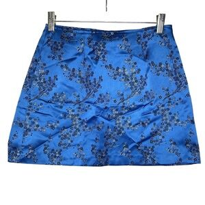 Vintage Y2K Blue Embroidered Floral Satin Mini Skirt XOXO Sz 5/6 Made In USA